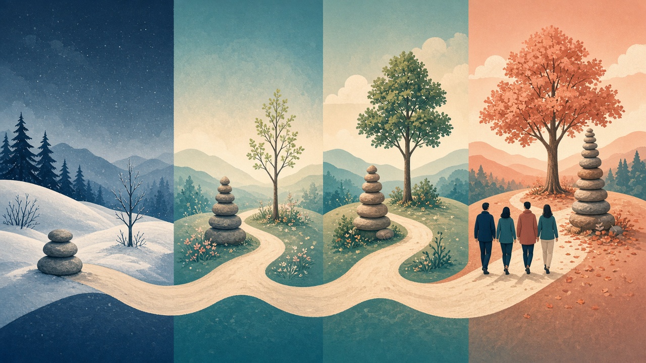 A team walking a path through four seasons as a tree grows and stone stacks rise beside them