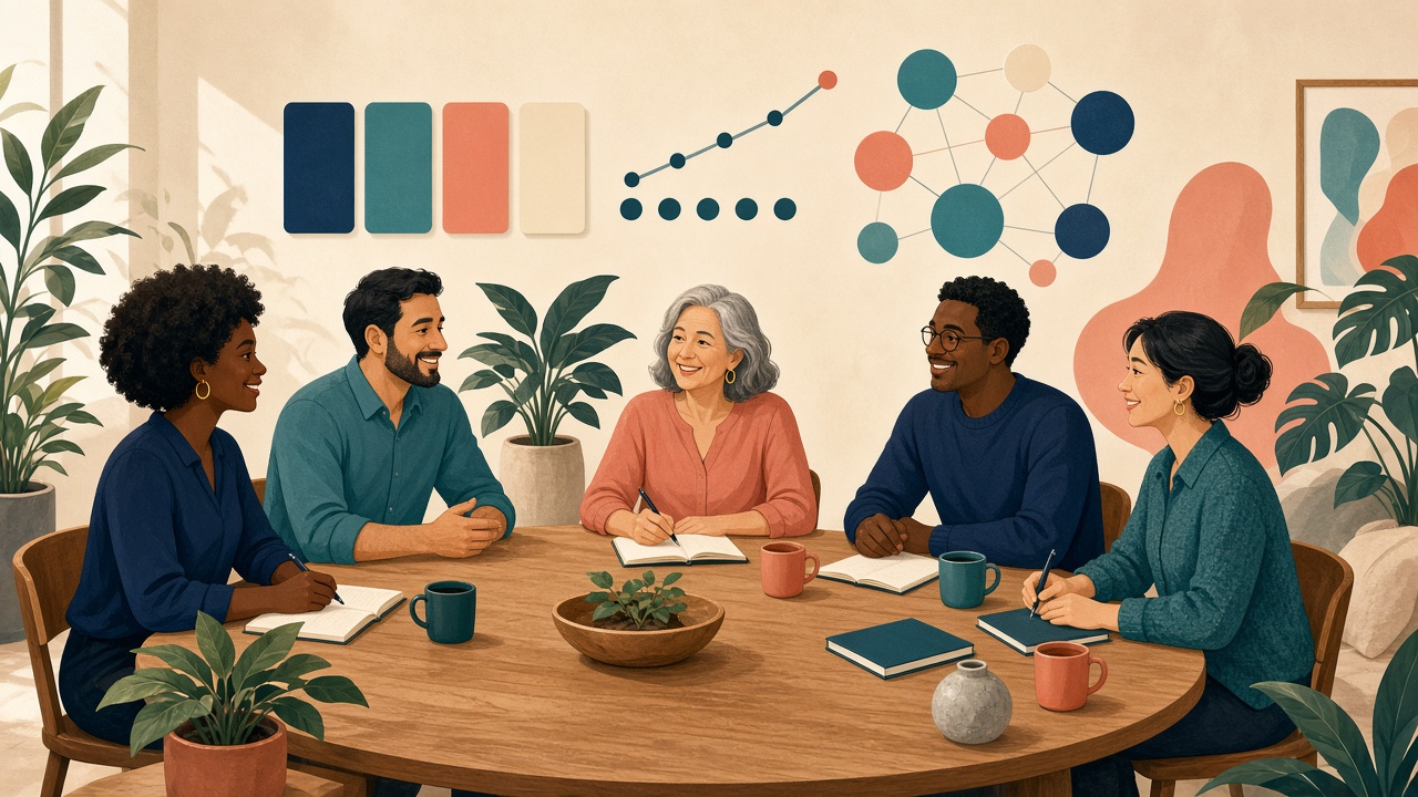 A leadership team around a table, smiling, with a simple shared plan floating above them