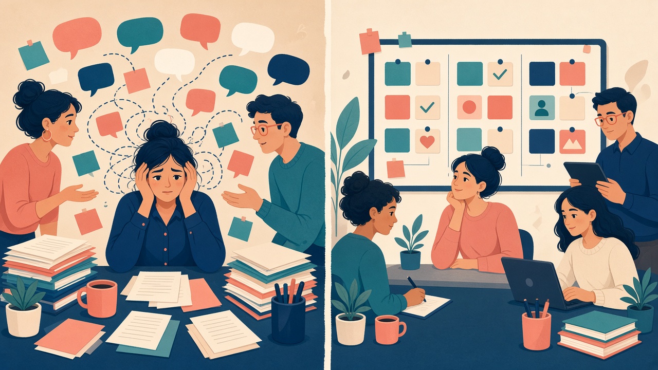 One overwhelmed person surrounded by questions on the left, and a calm team working from a shared board on the right